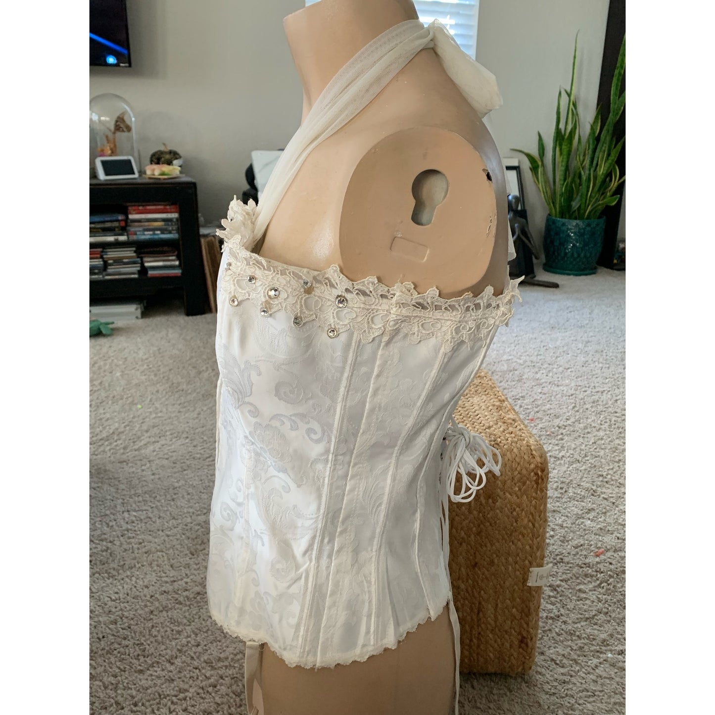 Eggshell upcycled rhinestone dusted corset size L