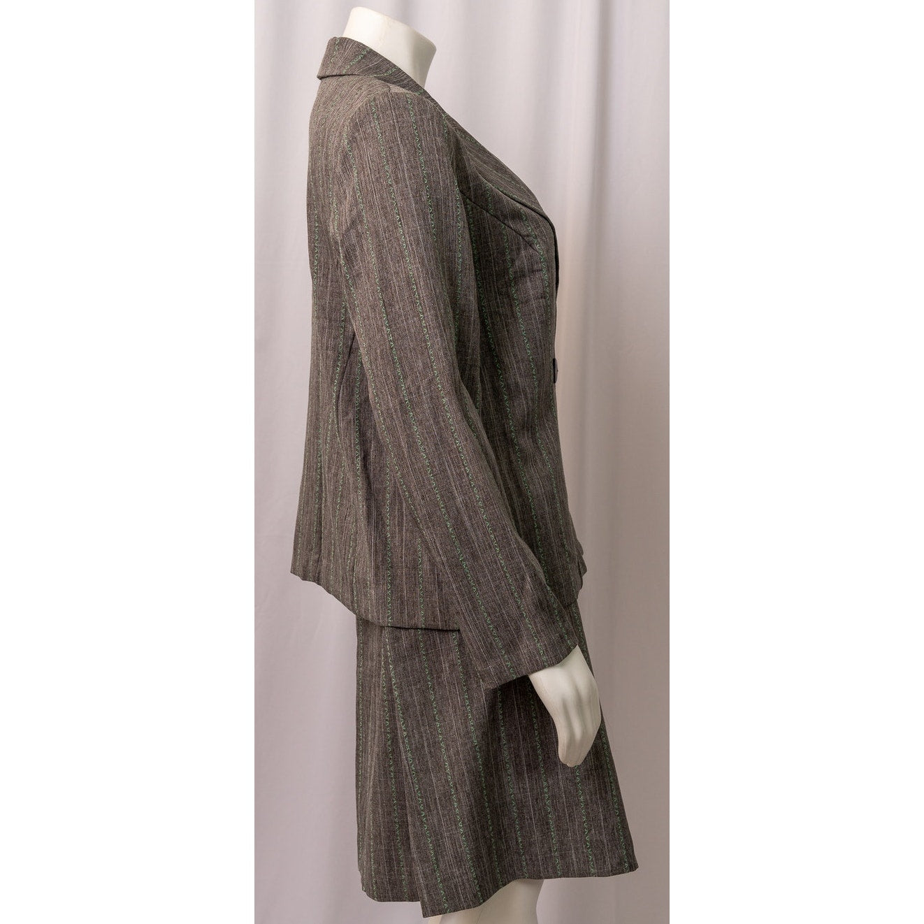 Vintage 90's grey/green stripe suit jacket and skirt sz 12