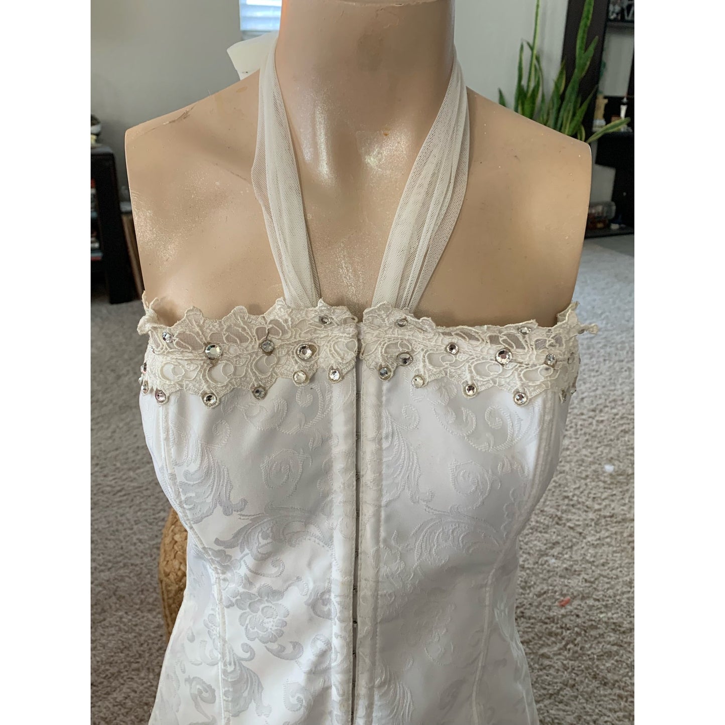 Eggshell upcycled rhinestone dusted corset size L