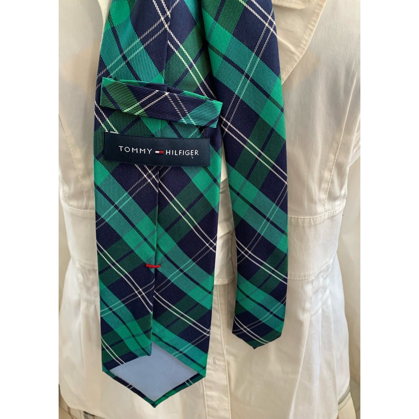 Y2K Tommy Hilfiger Green and blue Plaid silk tie