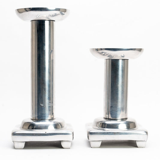 2 Polished Aluminum Silver Metal Pillar Candle Holder Stands