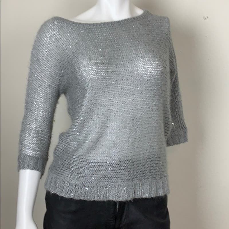 Pink Rose Sweater - Silver & sequin 3/4 sleeve soft sweater sz S