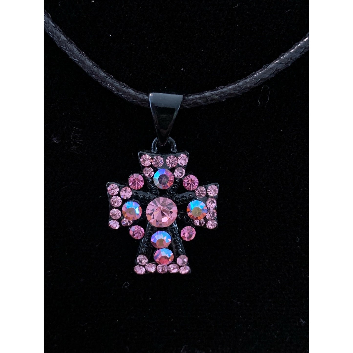 Pink Rhinestone cross on black cord necklace