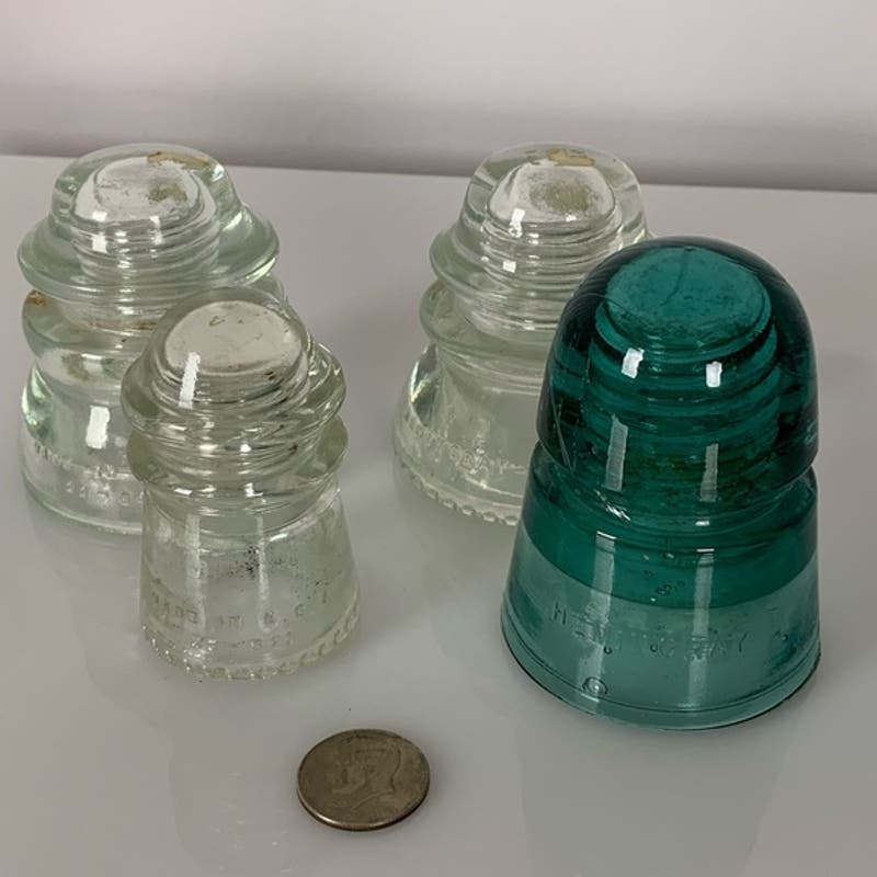 4 Vintage Glass Hemingray Railroad Telephone Insulators