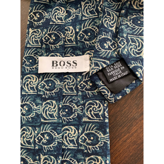 Vintage Hugo Boss silk tie - Made in Italy Blue and Beige Fish