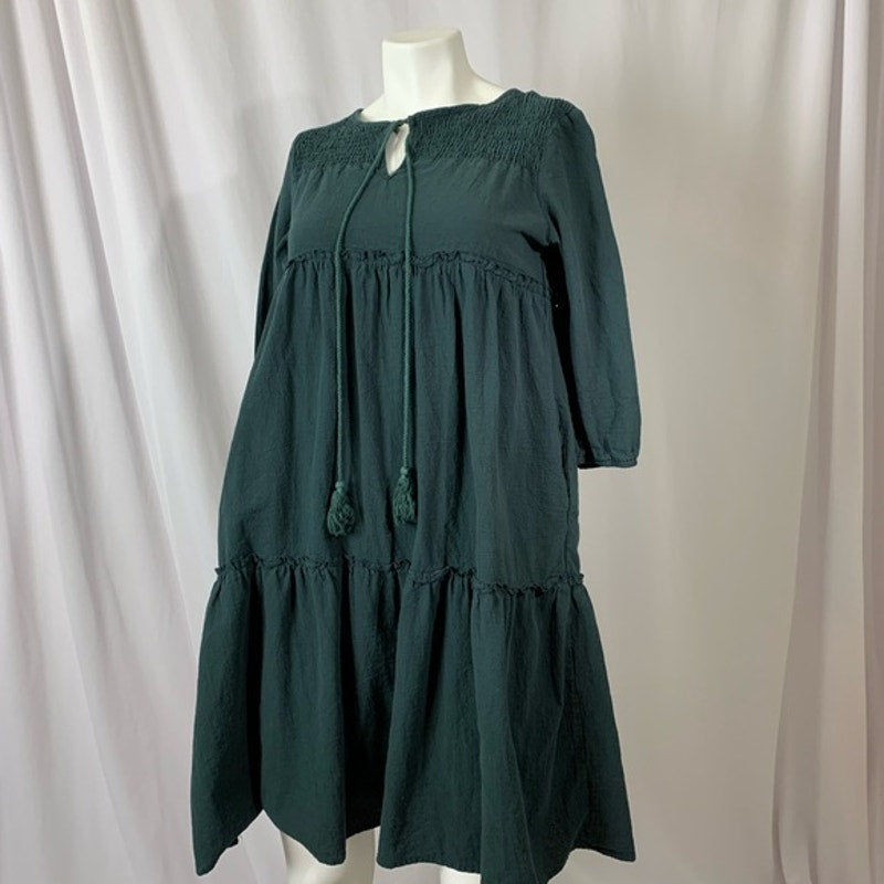 Green Countrycore Tie Neck Lantern Sleeve Smock Dress Sz S