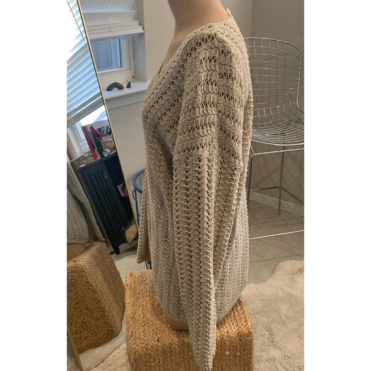 Vintage beige crochet long sleeve pullover sweater sz Large