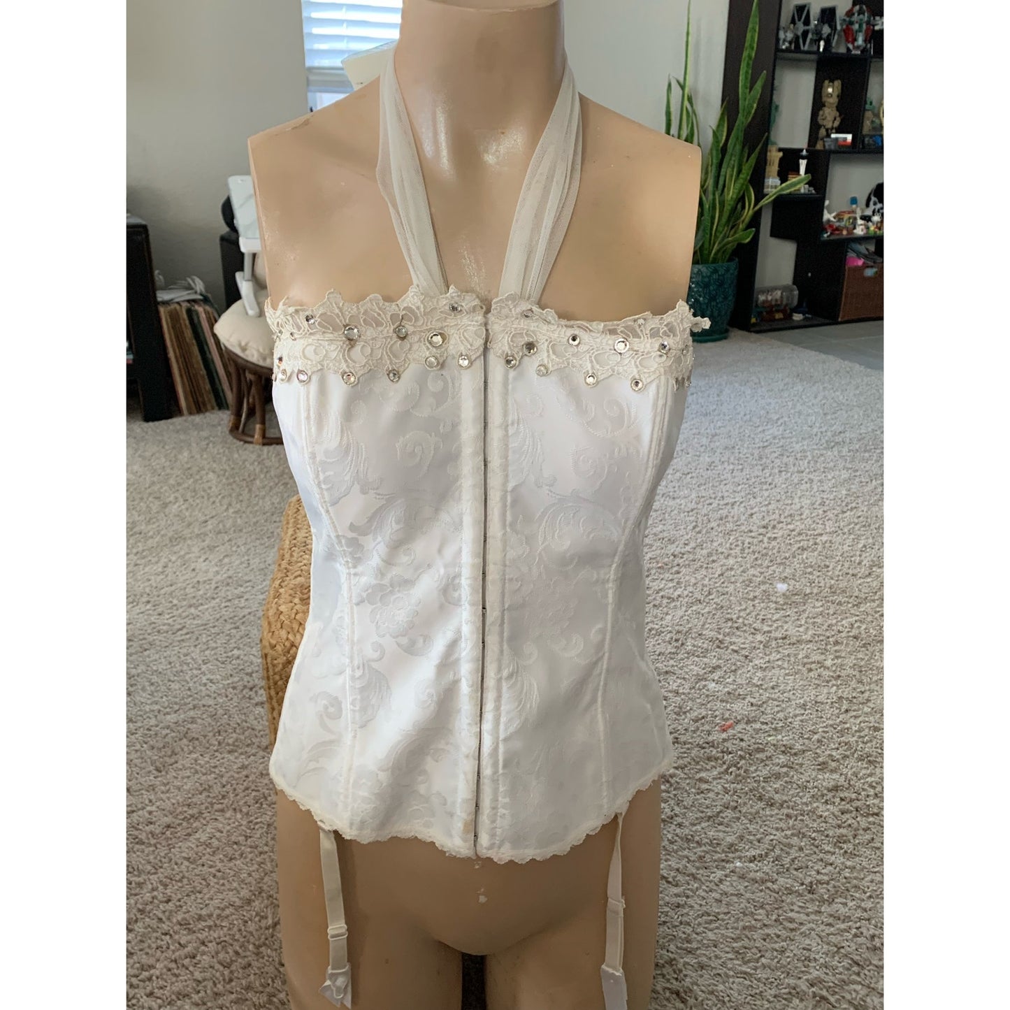 Eggshell upcycled rhinestone dusted corset size L