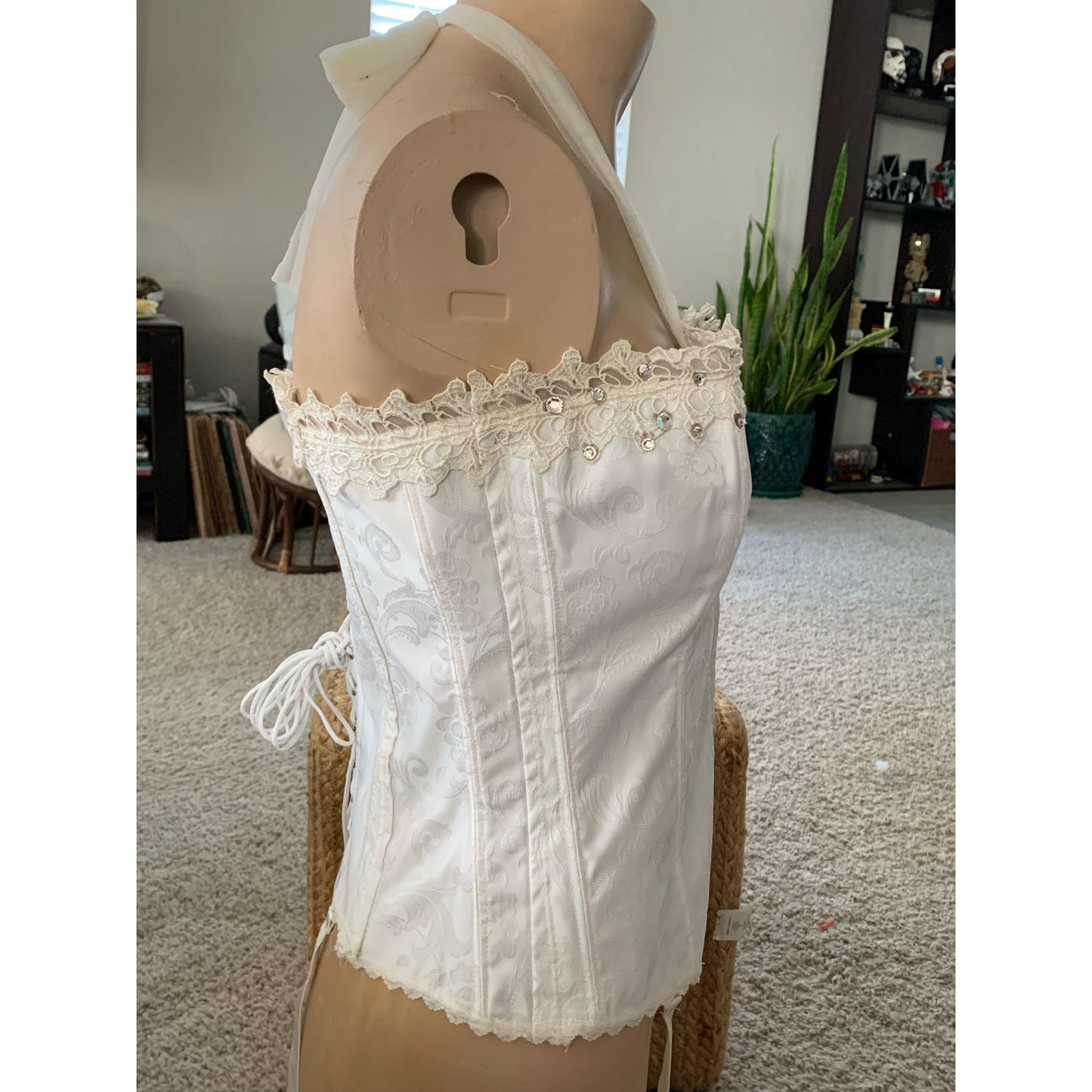 Eggshell upcycled rhinestone dusted corset size L