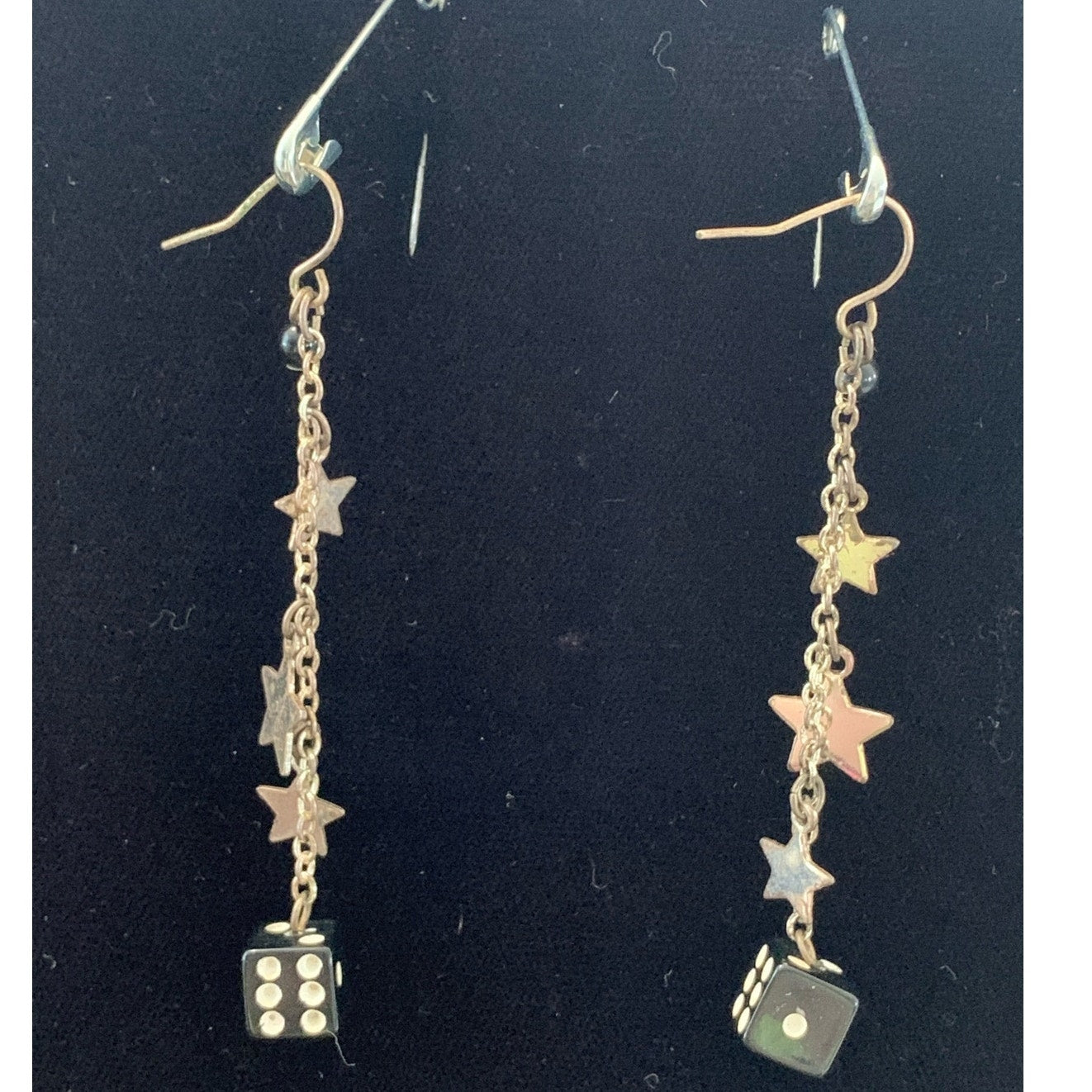 Vintage dangle Stars and Dice silver tone earrings