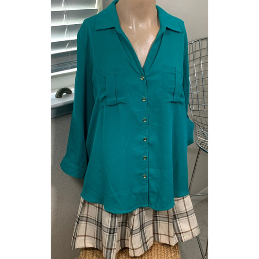 Emerald button up relaxed fit rolled sleeve blouse sz XL