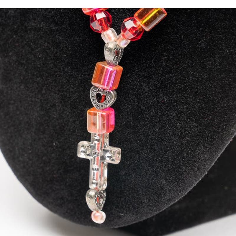 Dusty Rose shades of red prism bead and crystal cube glass rosary