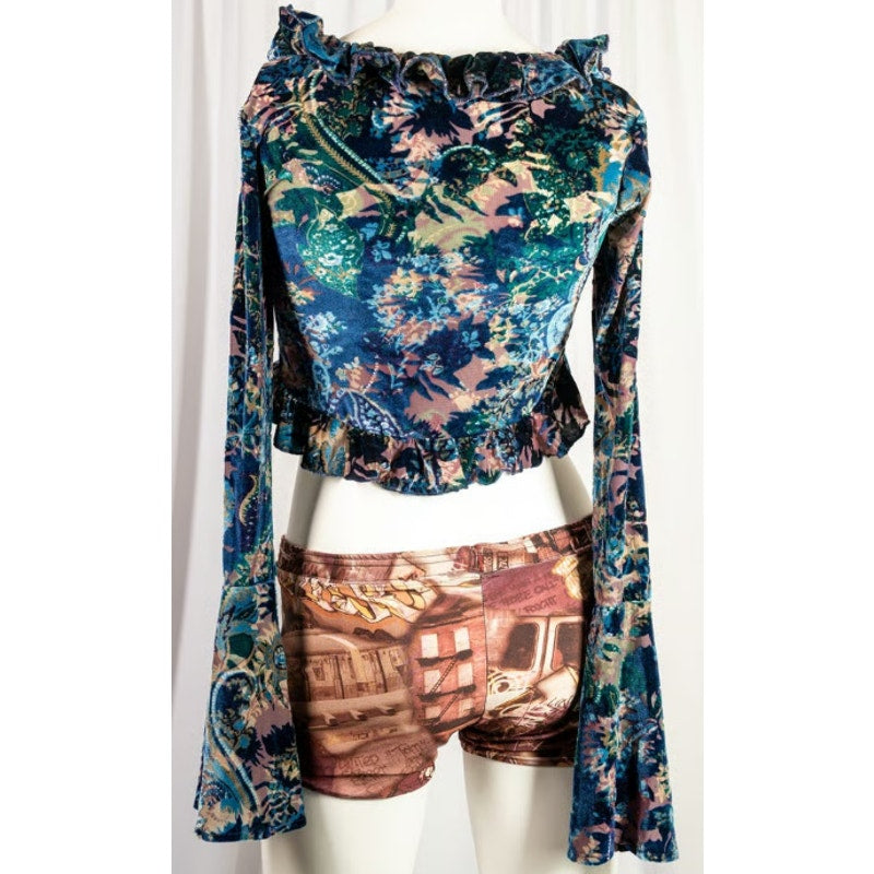 Nasty gal floral velvet v cut crop top with bell sleeves sz 4