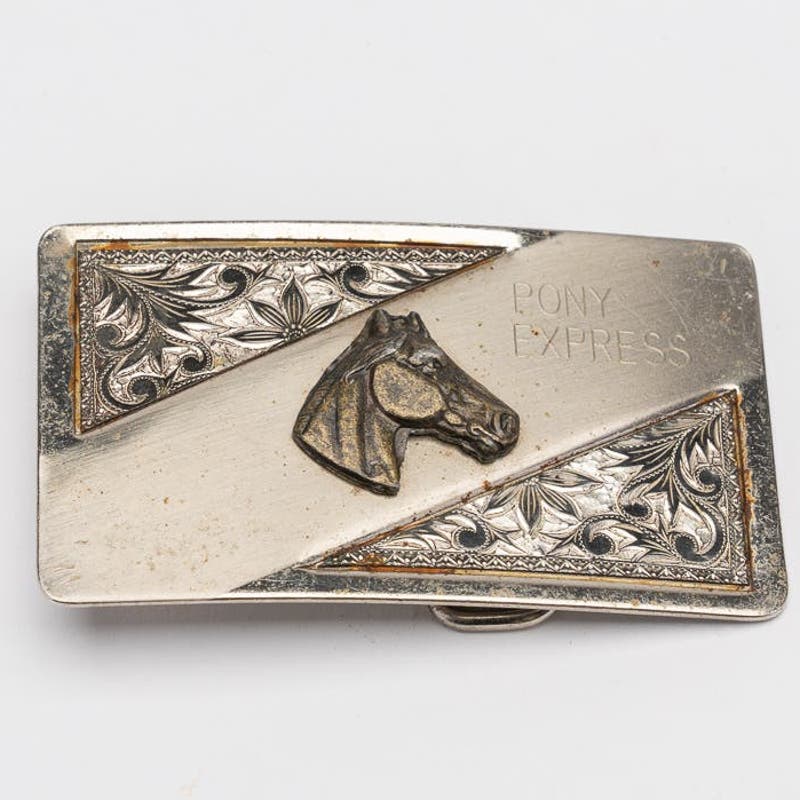 Vintage 1960's Western Kids Silver and Nickle horse head belt buckle