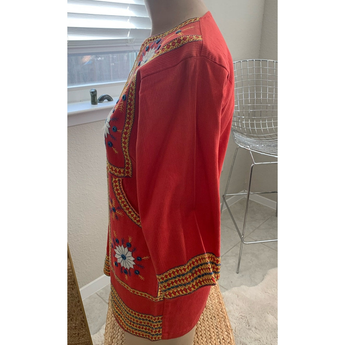 Vintage 70's handmade Afghan Hand Embroidered Kaftan with Mirrors and Tassels on Red Cotton sz S