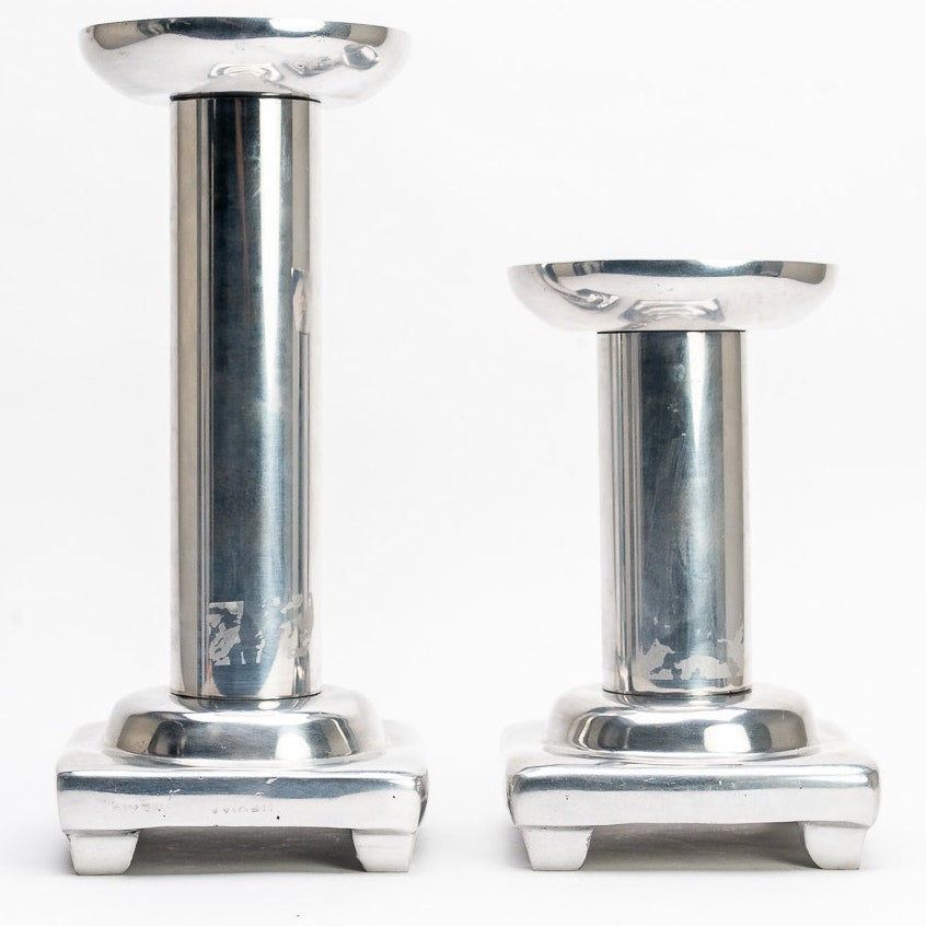 2 Polished Aluminum Silver Metal Pillar Candle Holder Stands