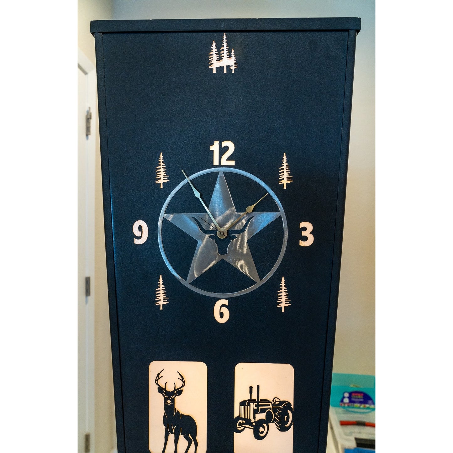 Large Grandfather style black steel carved country lit clock