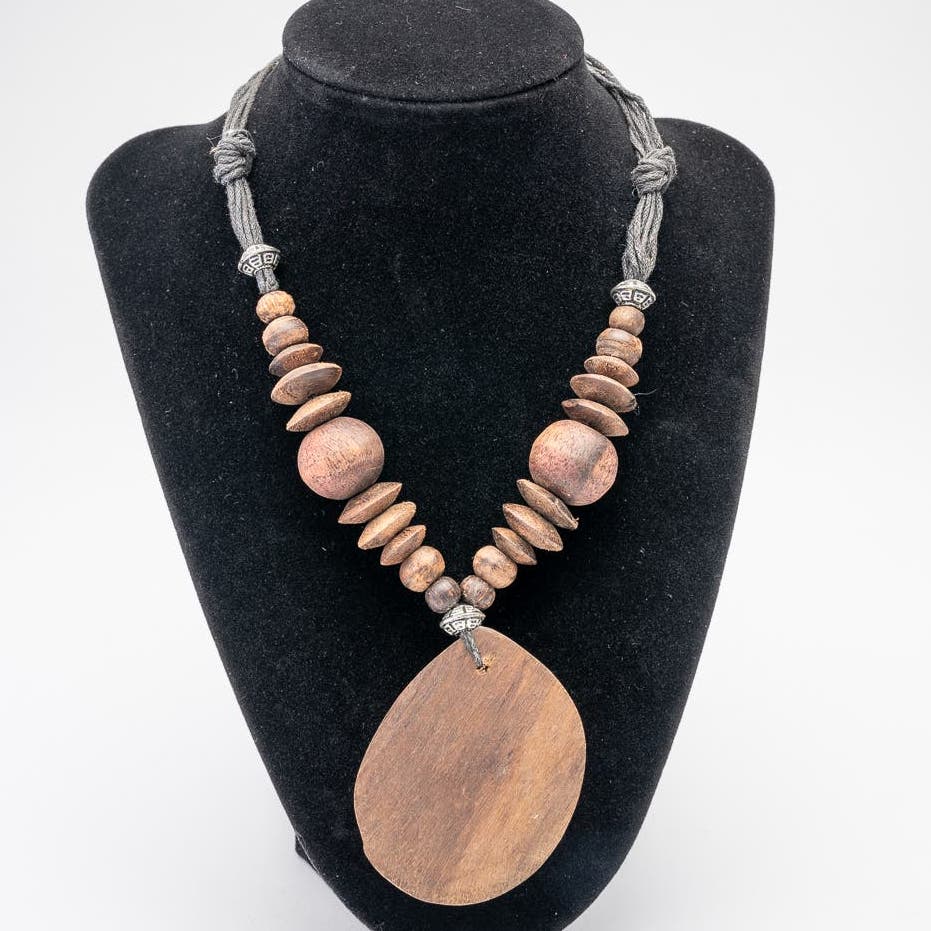 Wood Beaded Necklace Abalone Shell Necklace - Paua Shell Pendant