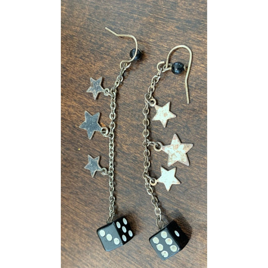 Vintage dangle Stars and Dice silver tone earrings