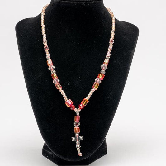 Dusty Rose shades of red prism bead and crystal cube glass rosary