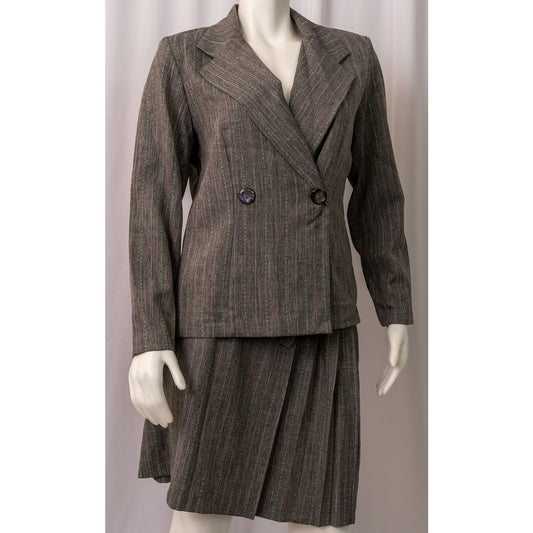 Vintage 90's grey/green stripe suit jacket and skirt sz 12