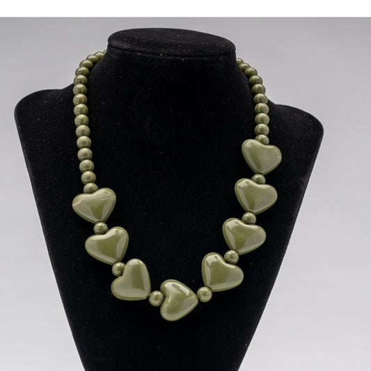 Vintage Olive Green heart bead necklace