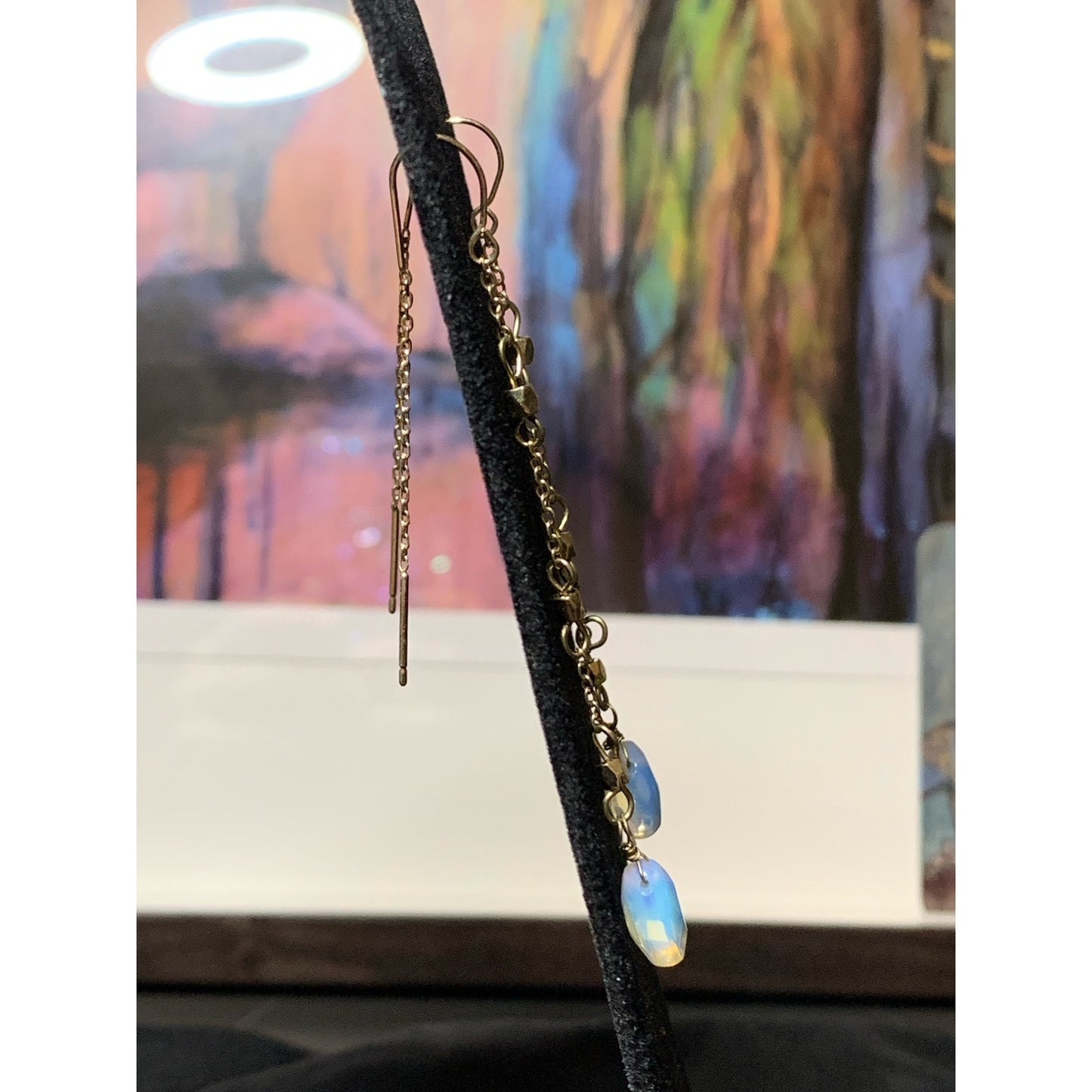 Rainbow Moonstone gold colored chain threader earrings