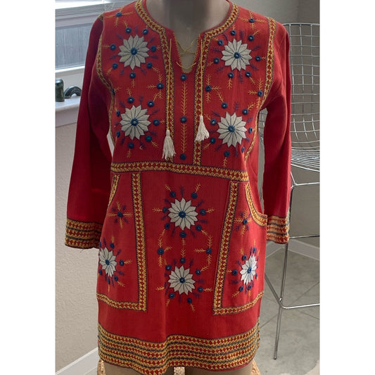 Vintage 70's handmade Afghan Hand Embroidered Kaftan with Mirrors and Tassels on Red Cotton sz S