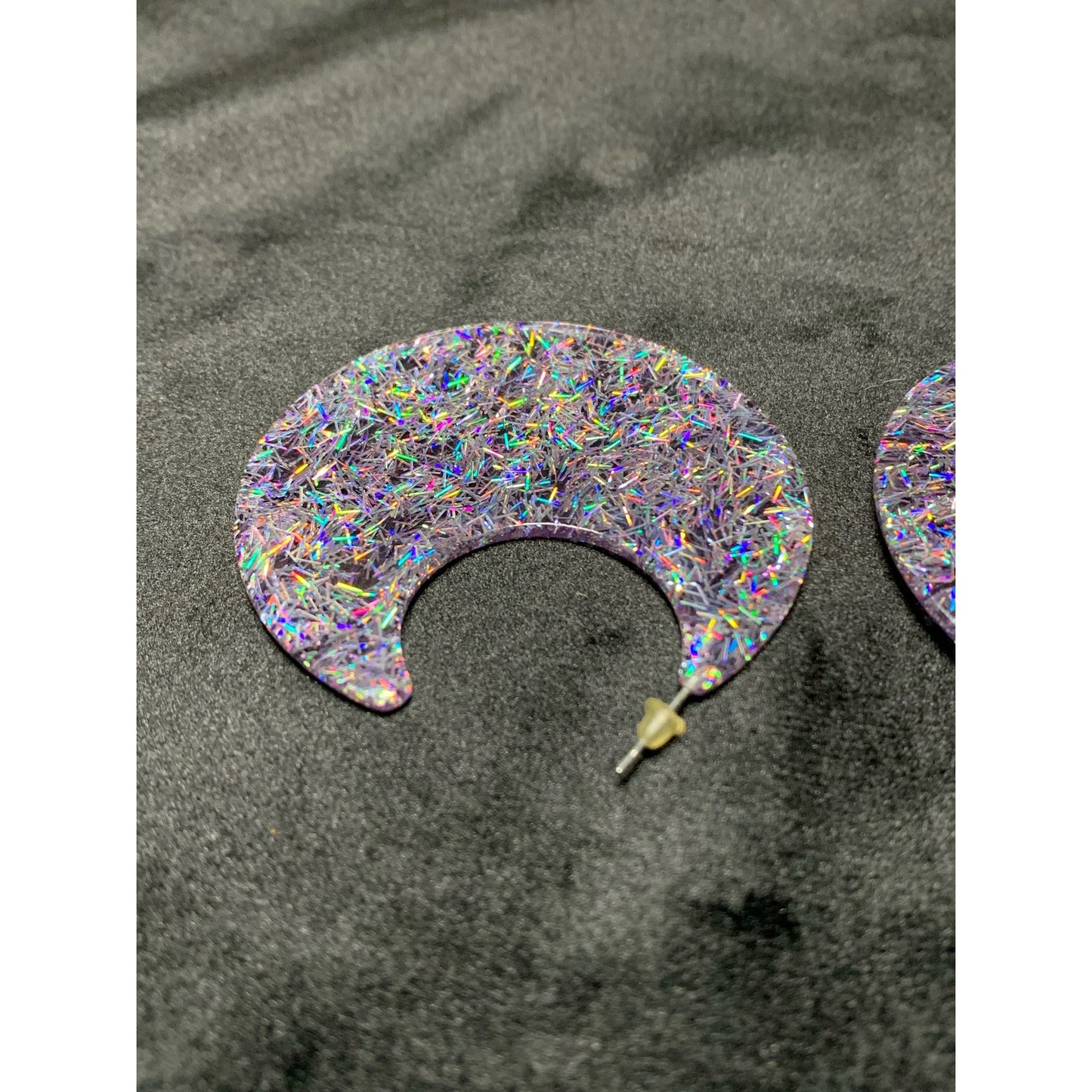 Crescent moon large stud holographic glitter earrings