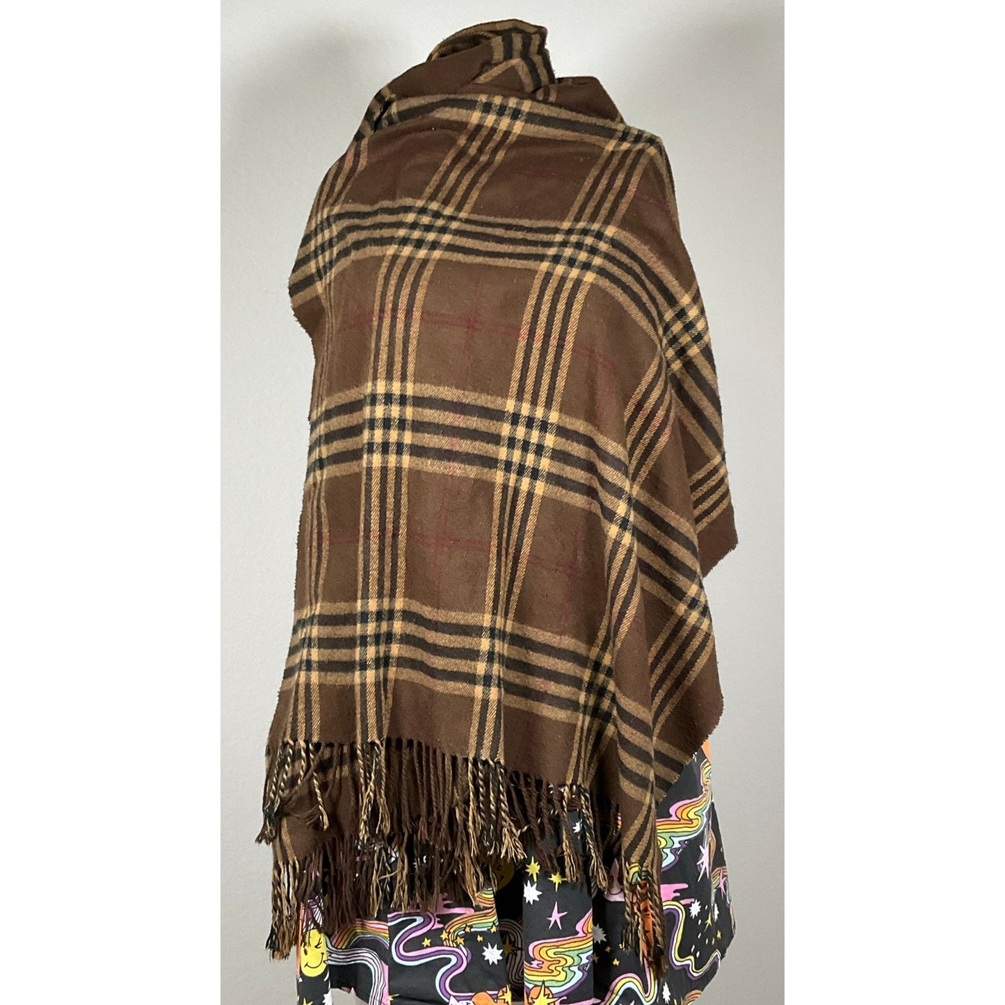 Vintage Wool Brown Tartan Scarf with twisted ends