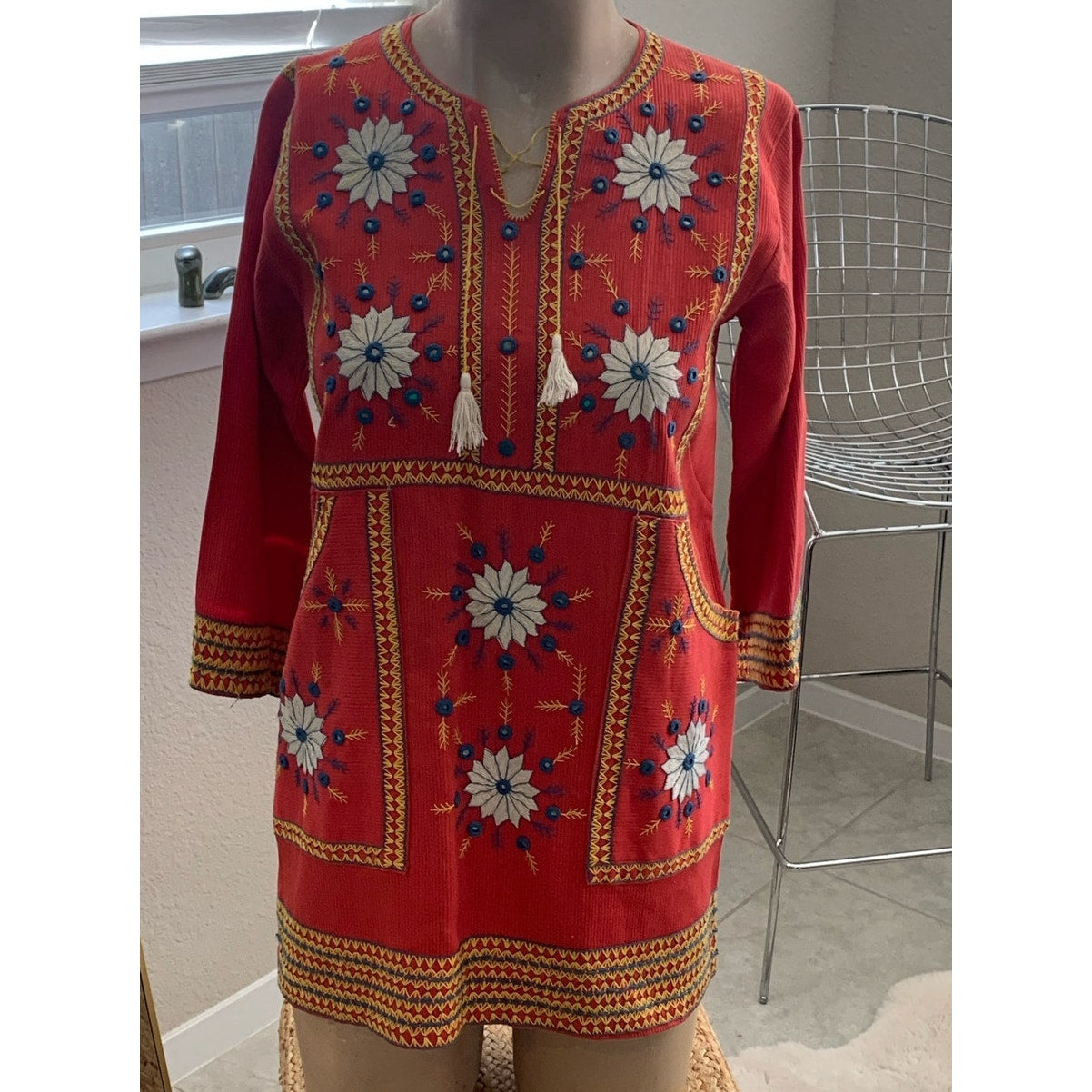 Vintage 70's handmade Afghan Hand Embroidered Kaftan with Mirrors and Tassels on Red Cotton sz S