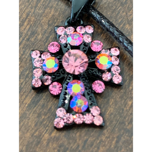 Pink Rhinestone cross on black cord necklace