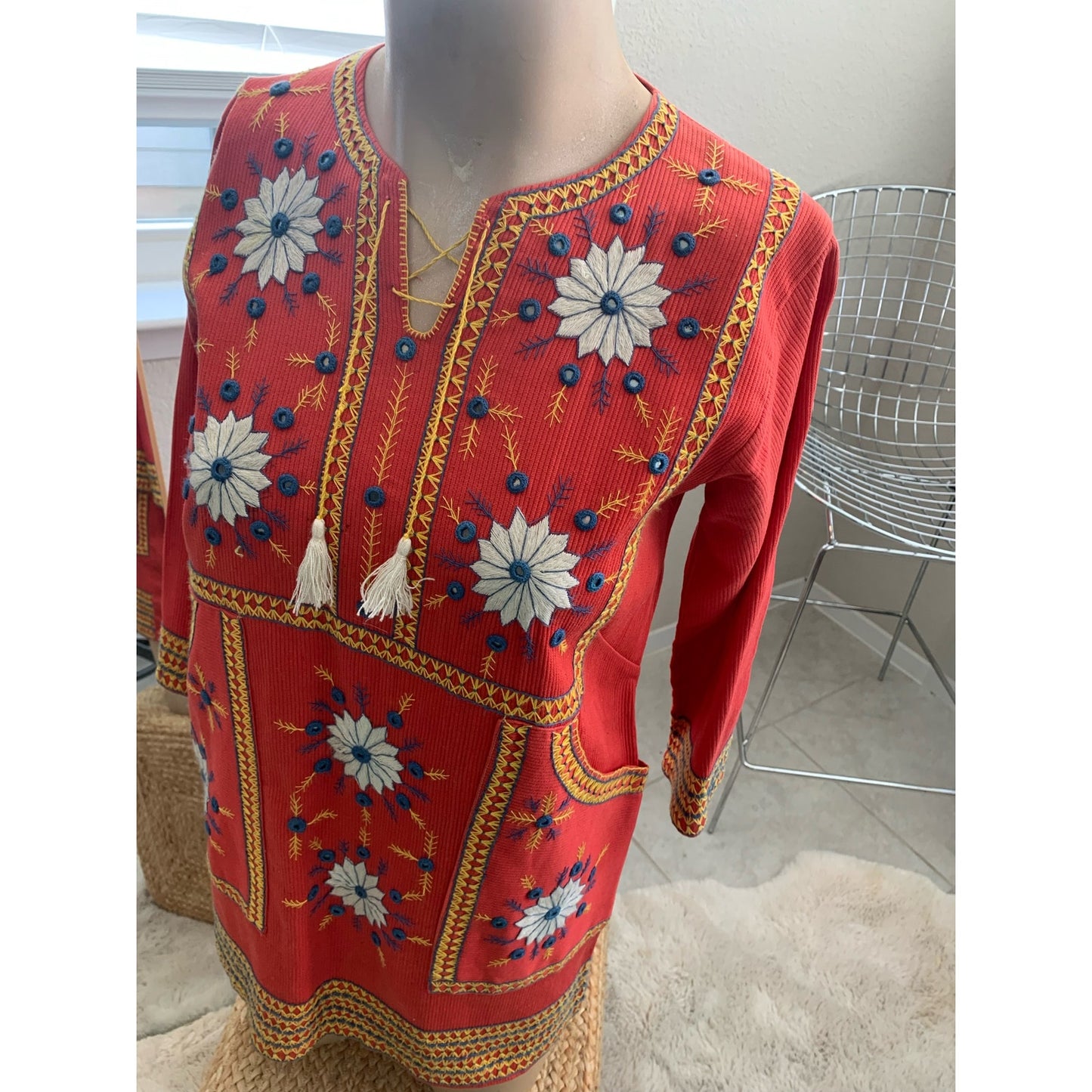 Vintage 70's handmade Afghan Hand Embroidered Kaftan with Mirrors and Tassels on Red Cotton sz S