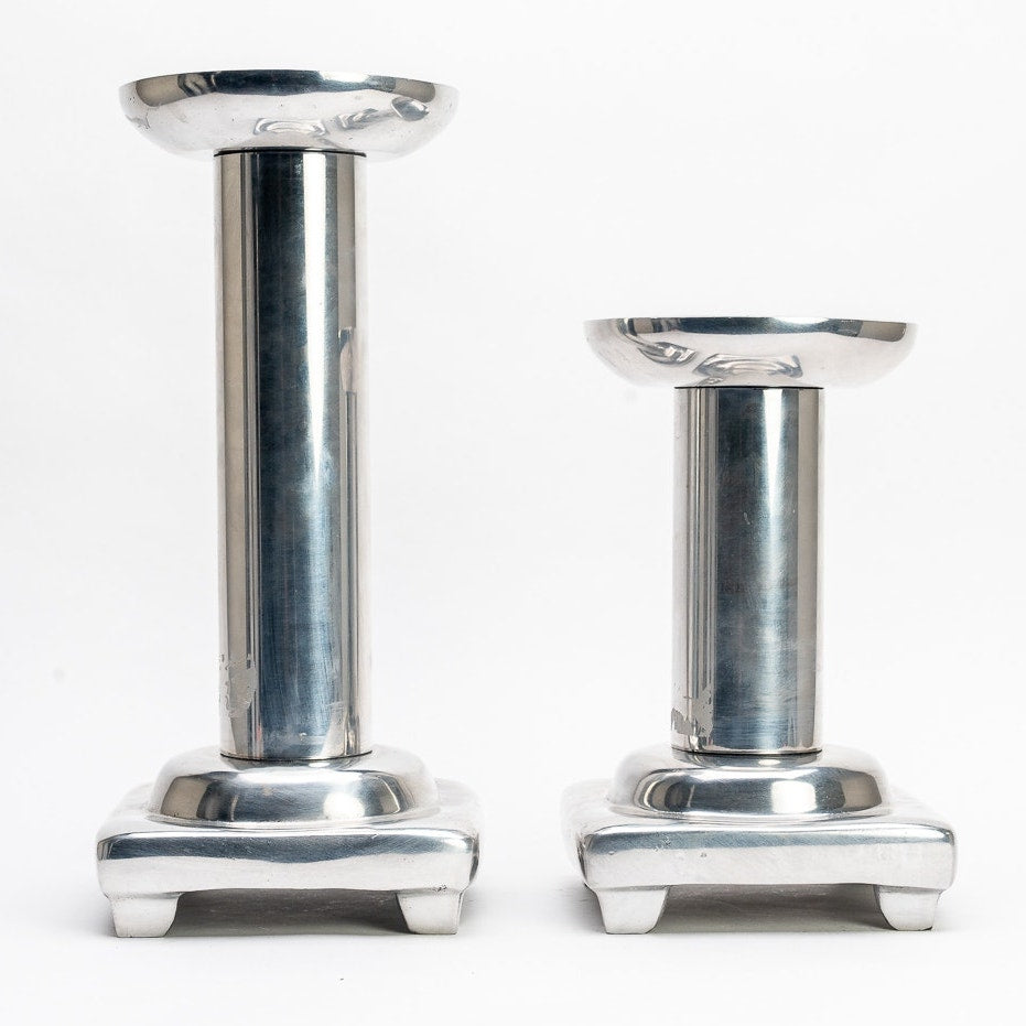 2 Polished Aluminum Silver Metal Pillar Candle Holder Stands