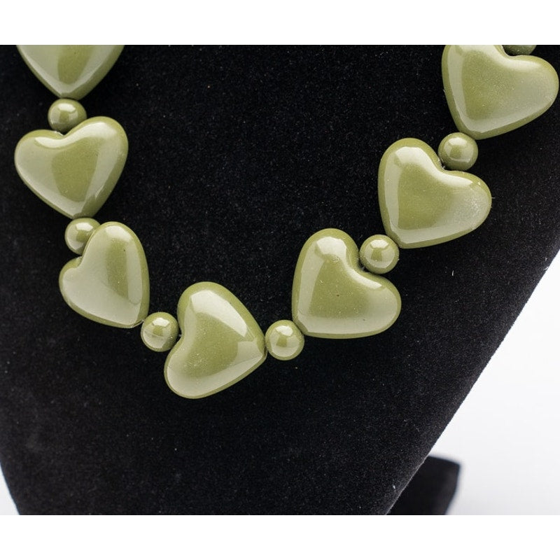 Vintage Olive Green heart bead necklace