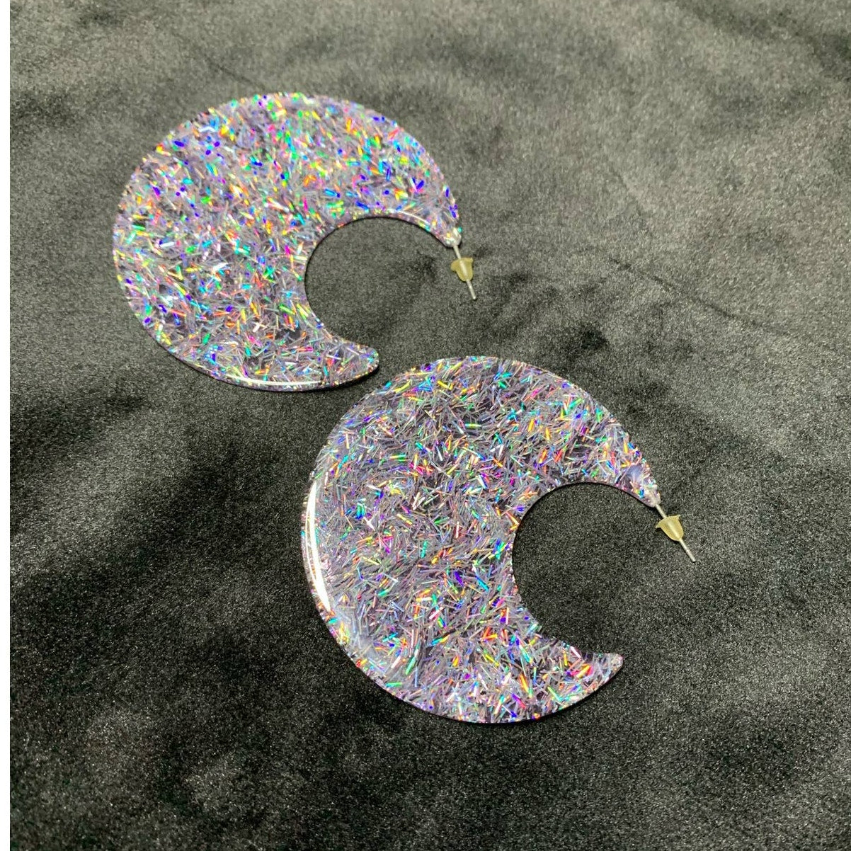 Crescent moon large stud holographic glitter earrings