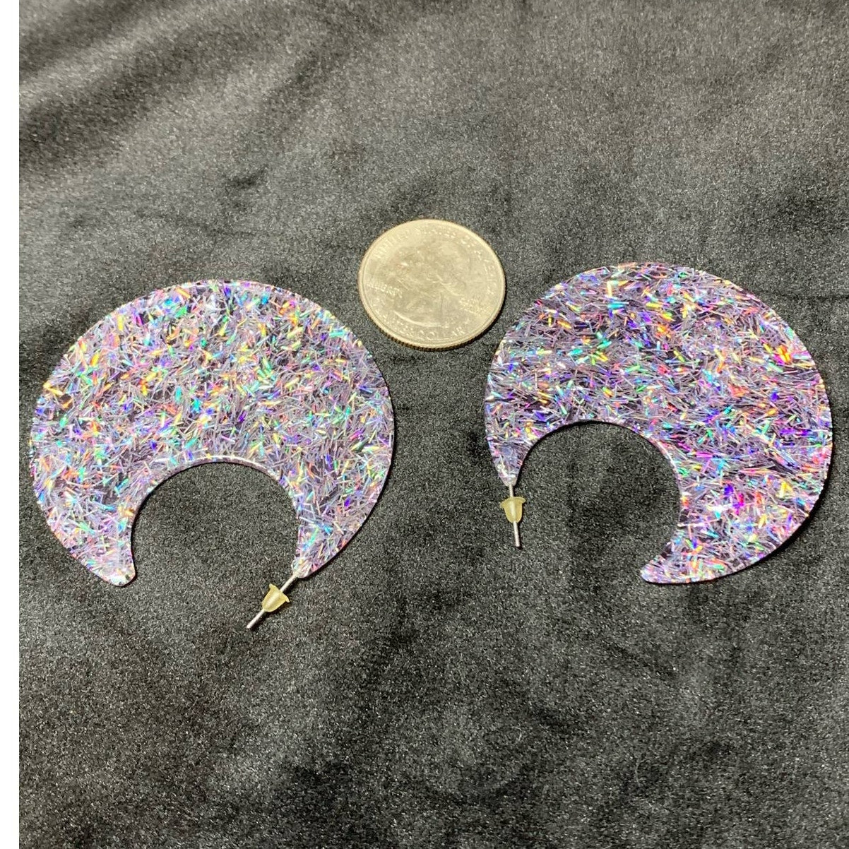 Crescent moon large stud holographic glitter earrings