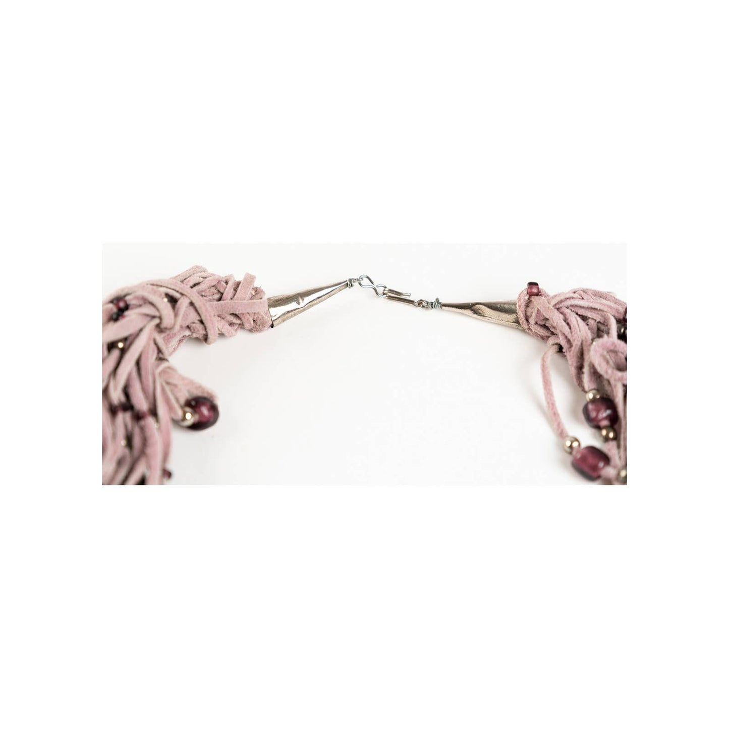 Pink leather multi-strand braided necklace with beads - Magically Funky Austin Resale & Thrift