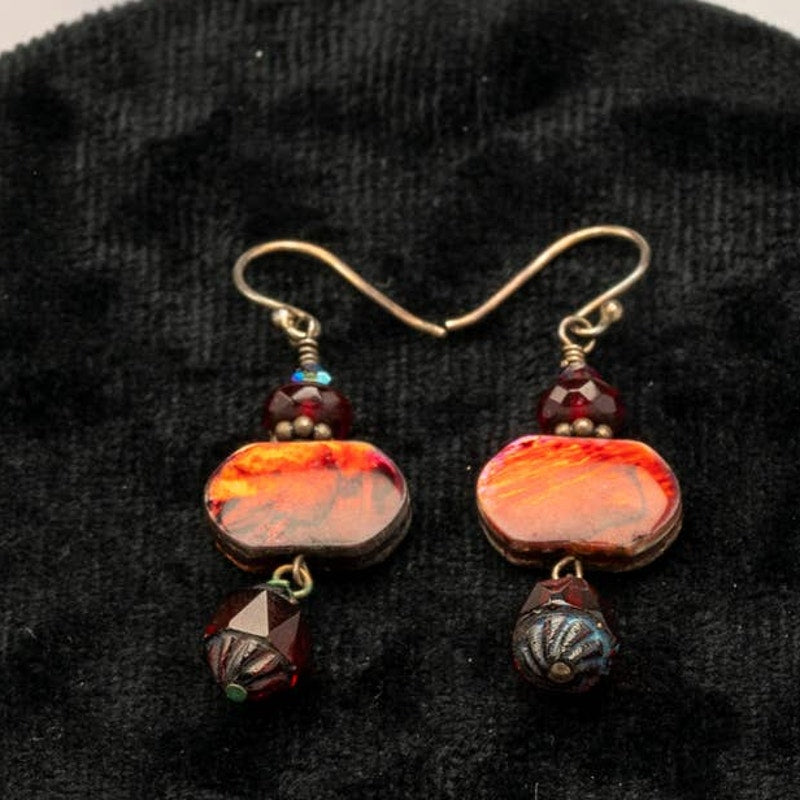 Red swirl chandelier stone earrings