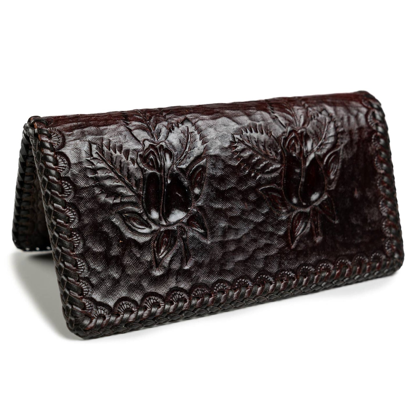 Handmade Leather Coffee black Rose bifold long wallet - New - Magically Funky Austin Resale & Thrift