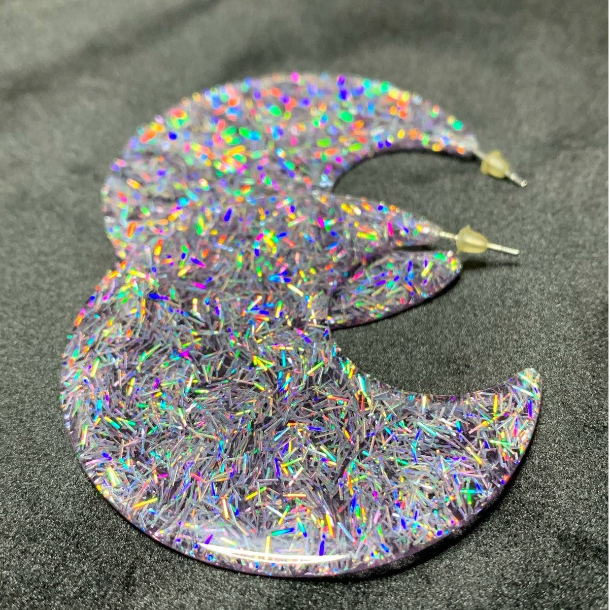 Crescent moon large stud holographic glitter earrings