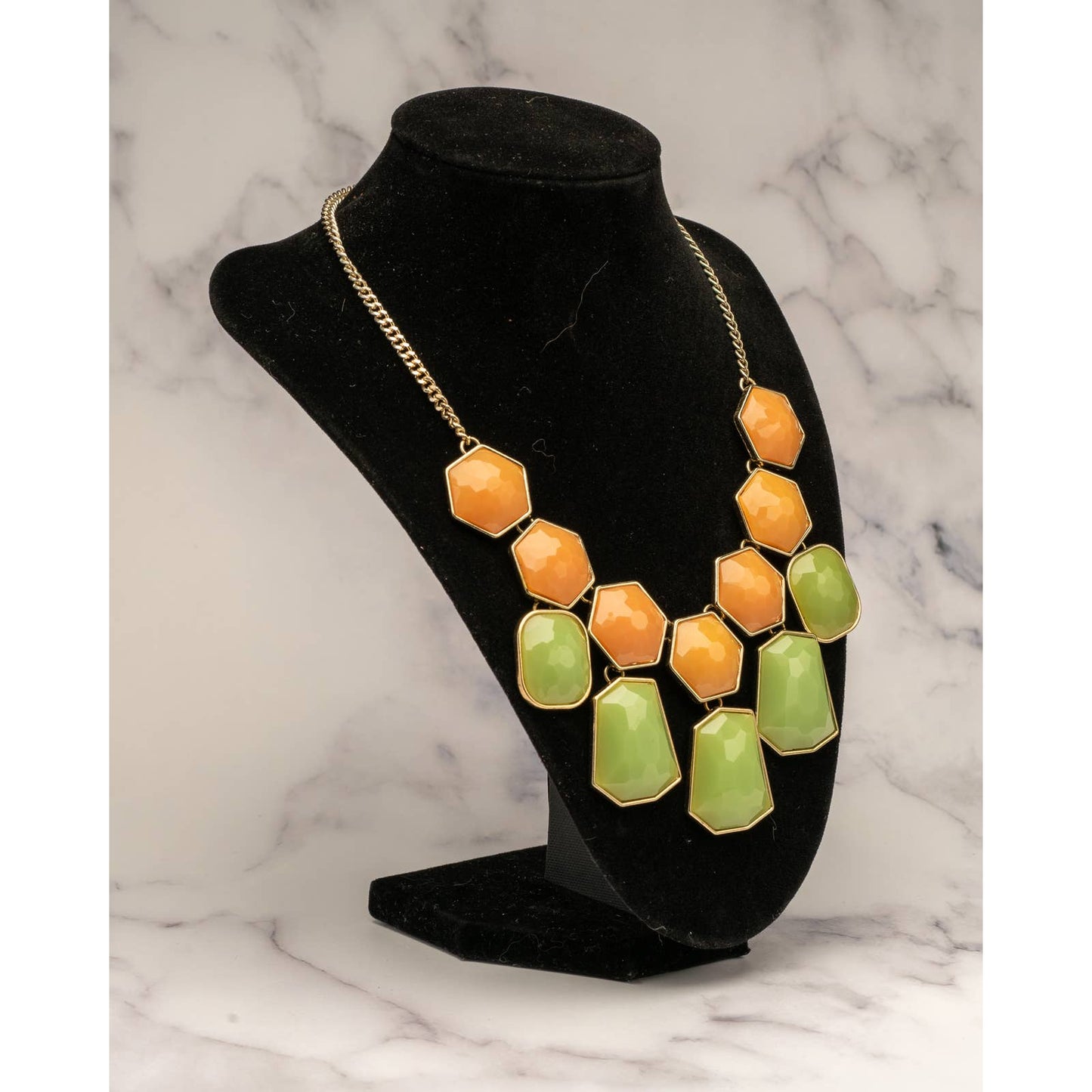 Large Orange and green geometry statement necklace - Magically Funky Austin Resale & Thrift