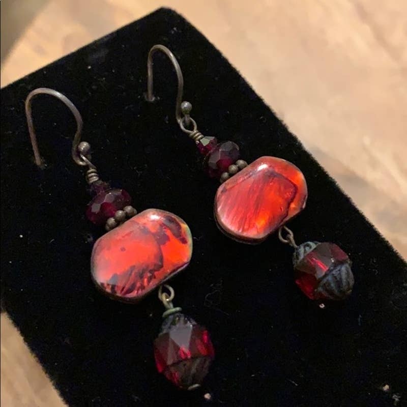 Red swirl chandelier stone earrings