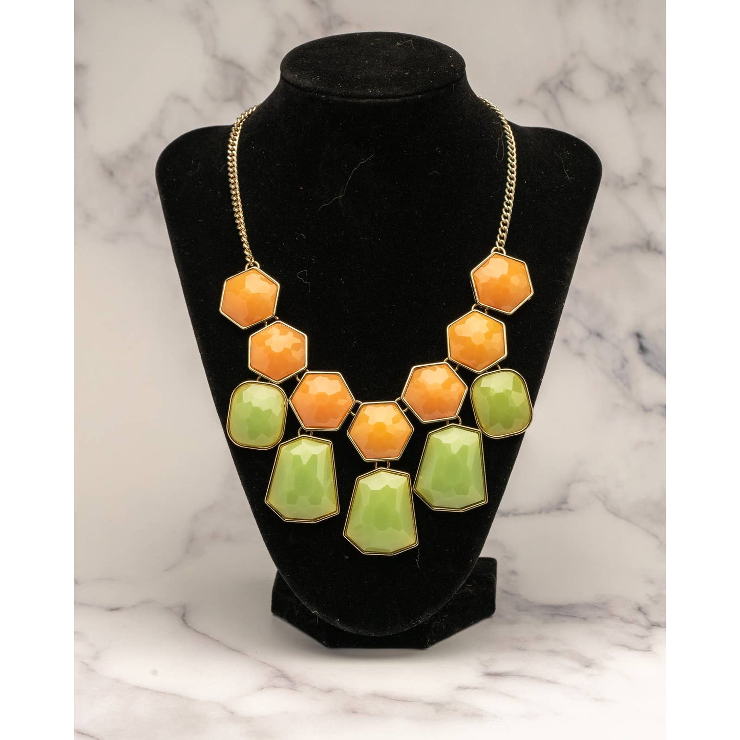 Large Orange and green geometry statement necklace - Magically Funky Austin Resale & Thrift