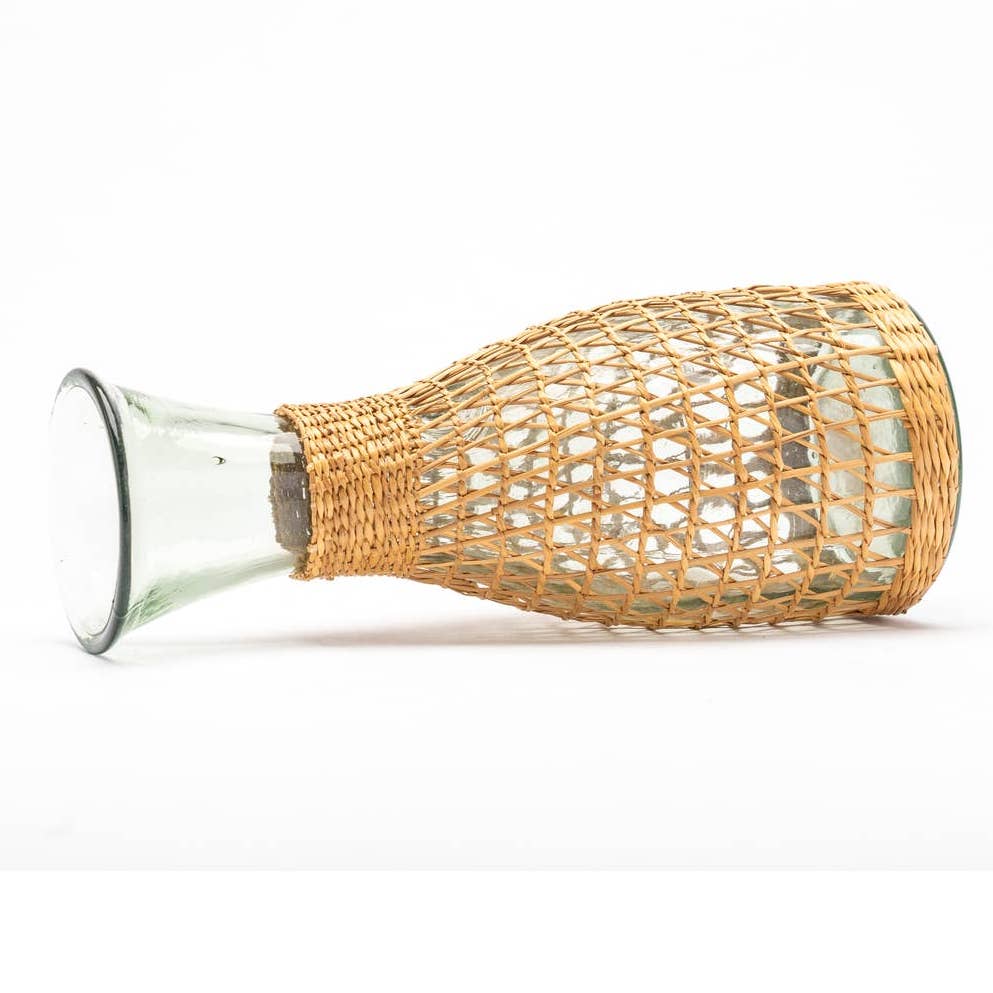 Boho Rattan seagrass wrapped wine carafe - glass vase bottle - Magically Funky Austin Resale & Thrift