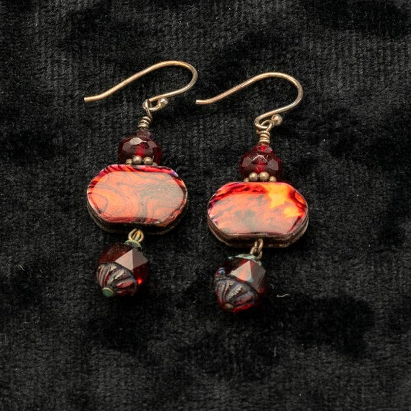 Red swirl chandelier stone earrings