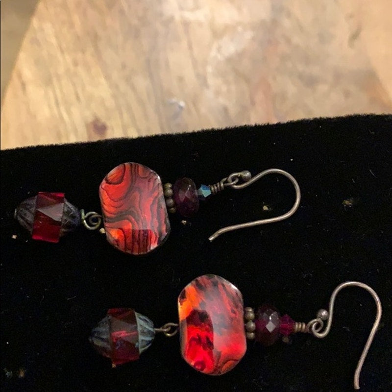 Red swirl chandelier stone earrings