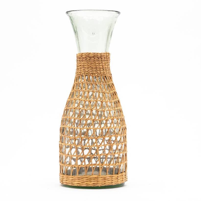 Boho Rattan seagrass wrapped wine carafe - glass vase bottle - Magically Funky Austin Resale & Thrift