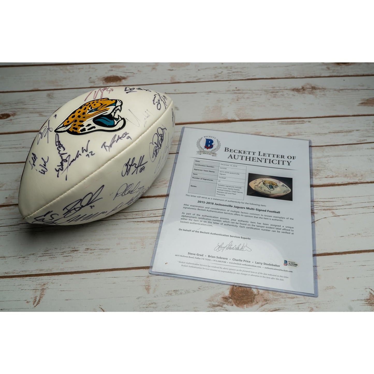 Authenticated Jacksonville Jaguars official football signed by 25 players from 2015-2017