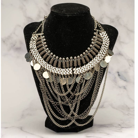 Stacked chain tribal boho statement silver tone necklace - Magically Funky Austin Resale & Thrift